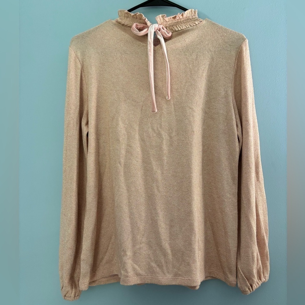 Talbots Long Sleeve Top Womens Size Medium Petite Pink Shimmer Metallic Tie Neck - Picture 2 of 7